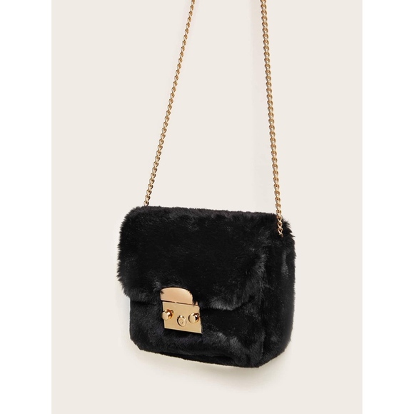 Black Faux Fur Metal Lock Chain Crossbody Bag - Picture 2 of 6